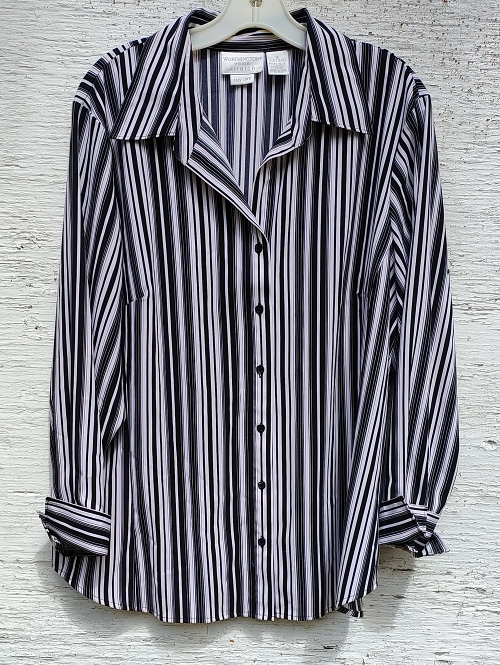 Worthington Woman Black & White Stripe Button-Up Blouse